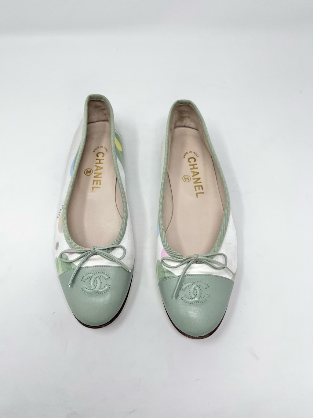 Chanel Cc Cap Toe Green Leather Ballet Flat Satin Vintage Karl Lagerfeld Size 39